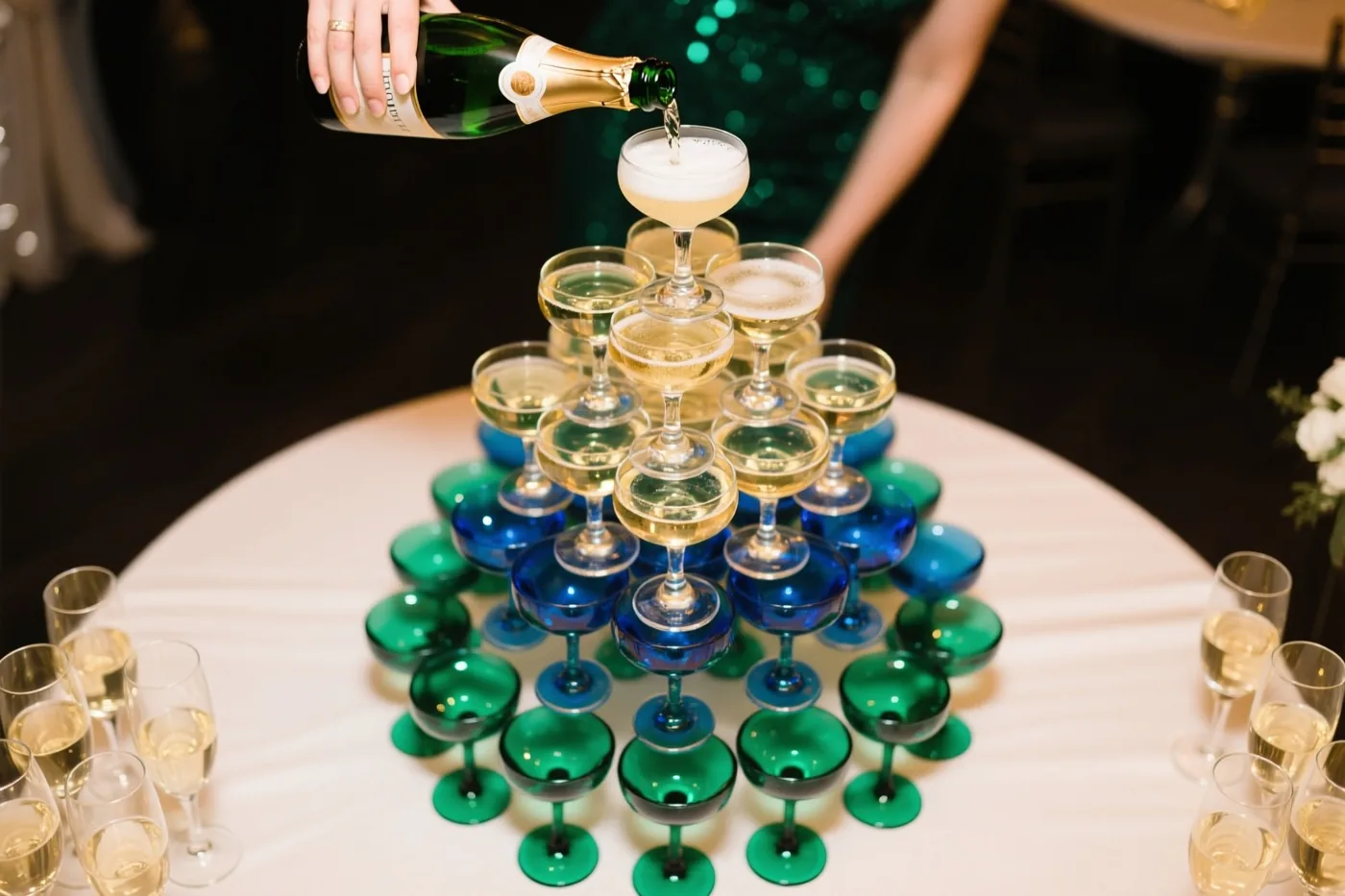 Iemand schenkt champagne in het bovenste glas van een piramide van kleurrijke glazen op een wit tafelkleed, met vooral groene, blauwe en gouden tinten.