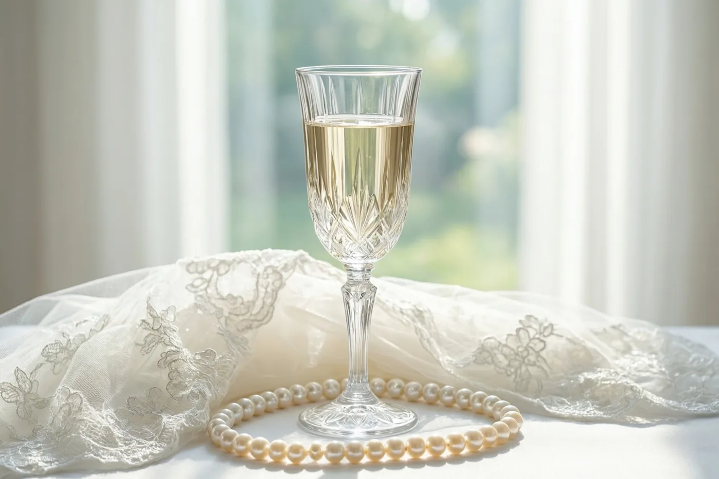 Een kristallen glas champagne staat naast een parelsnoer en een witte kanten sluier op een witte ondergrond, met zacht daglicht uit een raam op de achtergrond.