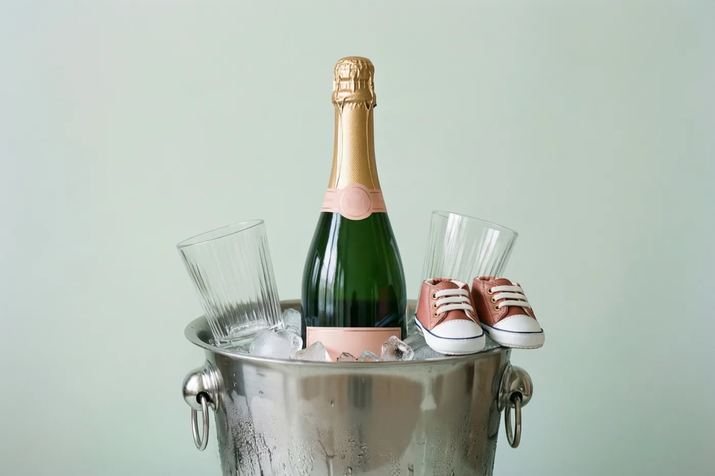 Een champagnefles met goudfolie staat in een zilverkleurige ijsemmer tussen ijsblokjes, twee doorzichtige glazen en roze babyschoentjes tegen een lichtgroene achtergrond.