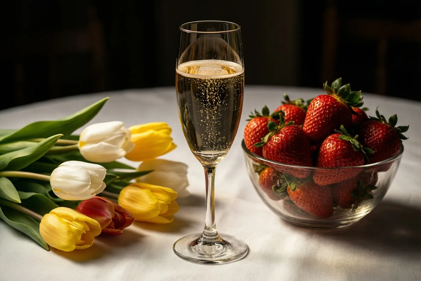 Een glas bruisende champagne en een kom verse aardbeien staan op een wit tafelkleed naast een boeket witte en gele tulpen in zacht licht.