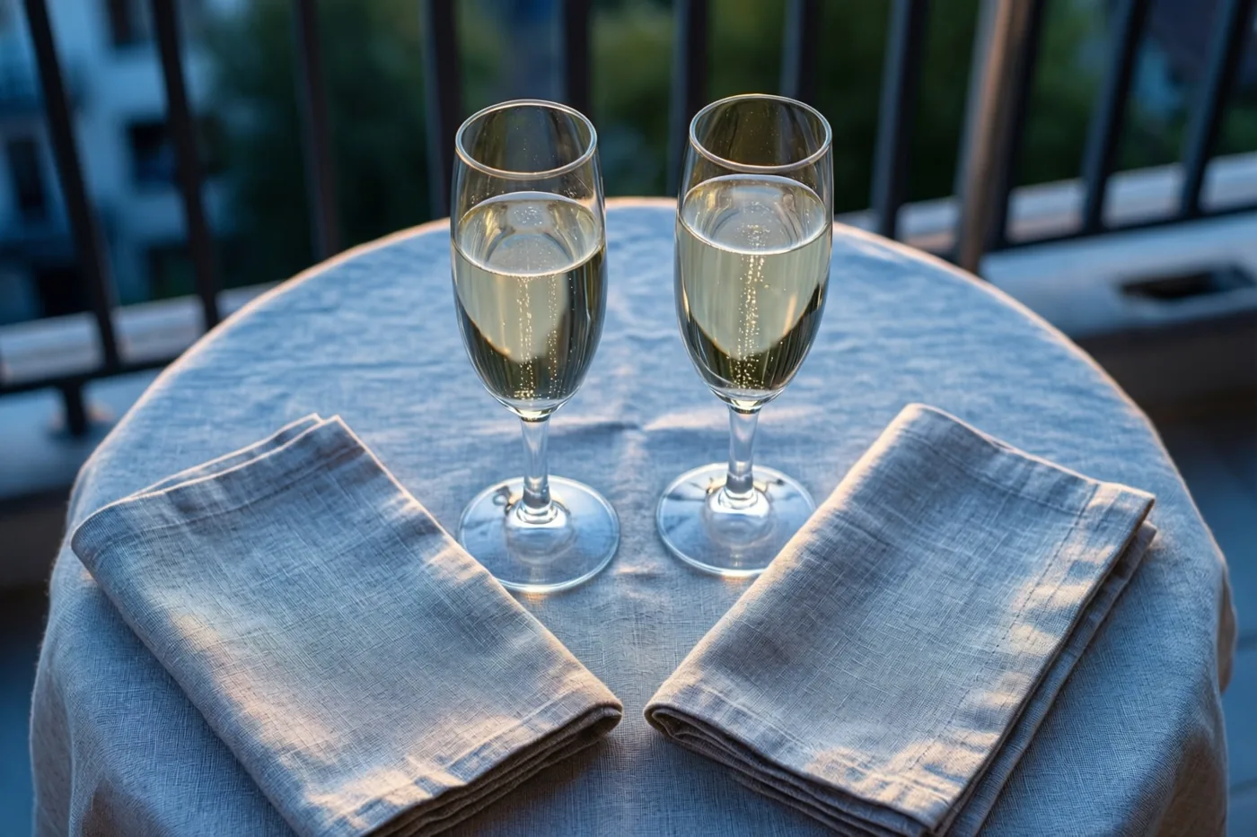 Twee glazen champagne staan met linnen servetten op een ronde tafel met een lichtblauw tafellaken op een balkon bij zonsondergang.