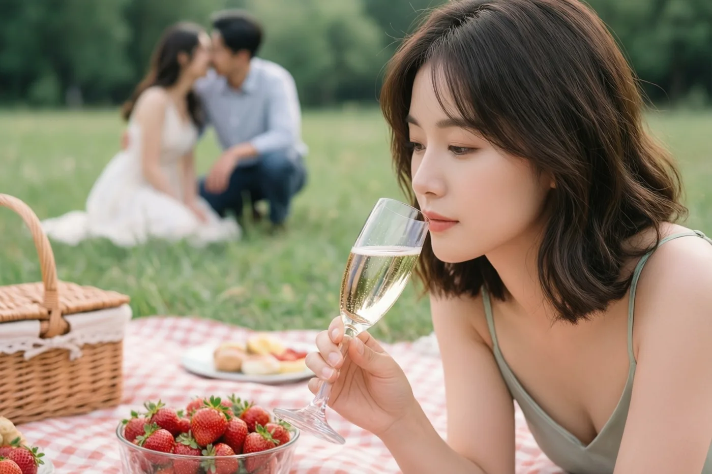 Een vrouw in een groene top ligt op een rood-wit geruit picknickdeken en drinkt champagne naast een glazen kom aardbeien, terwijl op de wazige achtergrond iemand knielend de partner kust.