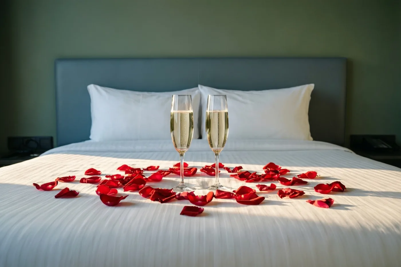 Twee glazen champagne staan tussen rode rozenblaadjes op een bed met wit bedlinnen in een moderne slaapkamer met een grijs hoofdbord en zacht daglicht.