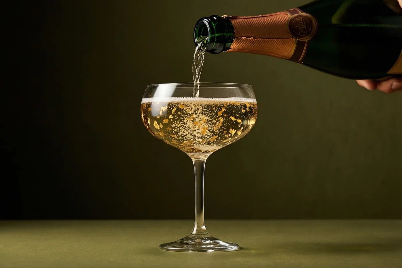 Uit een fles wordt champagne in een coupe met bladgoud geschonken, tegen een donker olijfgroene achtergrond op een bijpassend oppervlak.