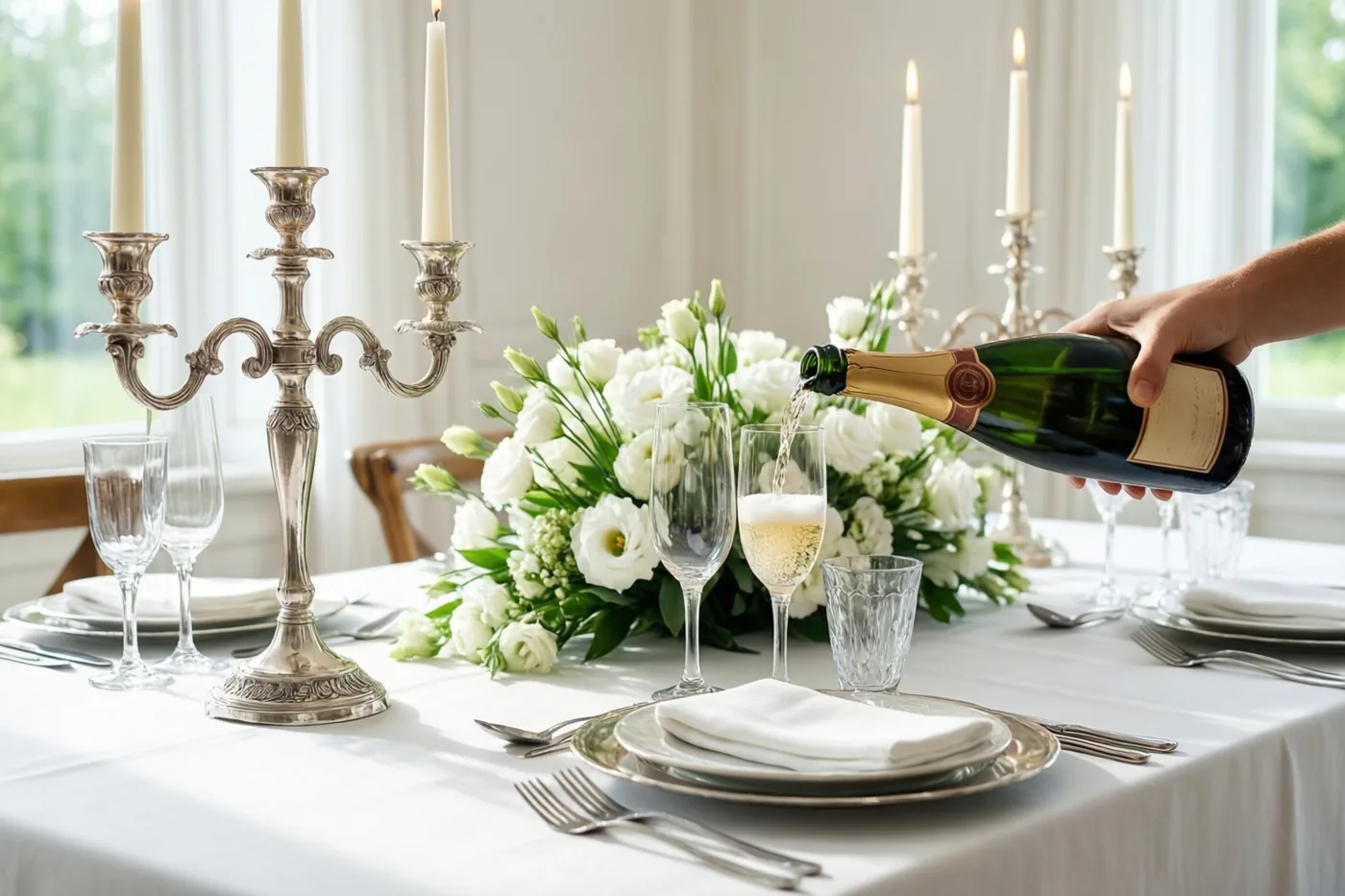 Een hand schenkt champagne in een fluit aan een tafel met een wit kleed, witte bloemen en zilveren kandelaars, met zacht daglicht van ramen op de achtergrond.