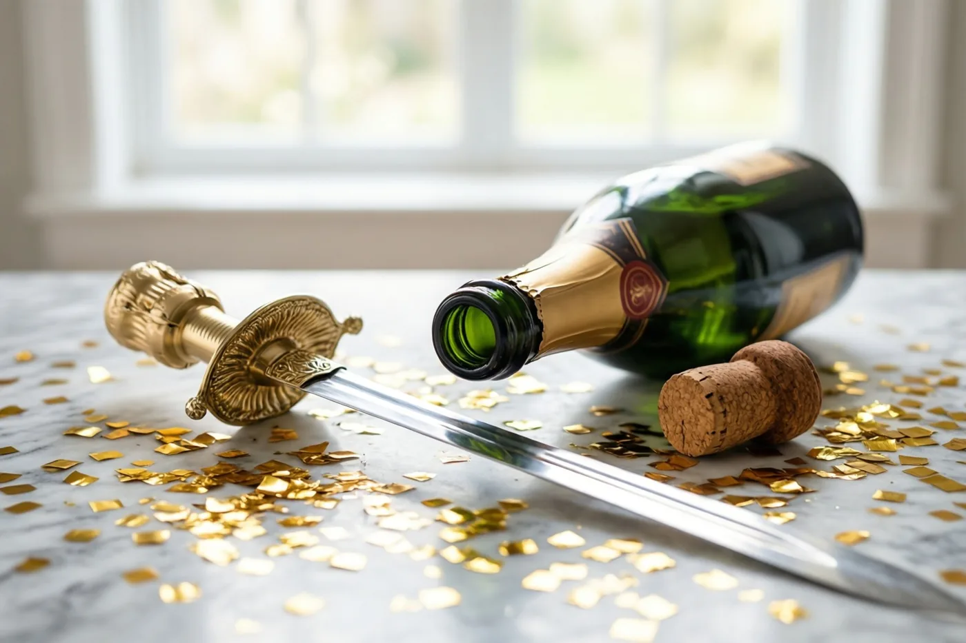 Een champagnesabel ligt op een marmeren werkblad naast een geopende champagnefles, de kurk en gouden confetti, in het daglicht bij een raam.