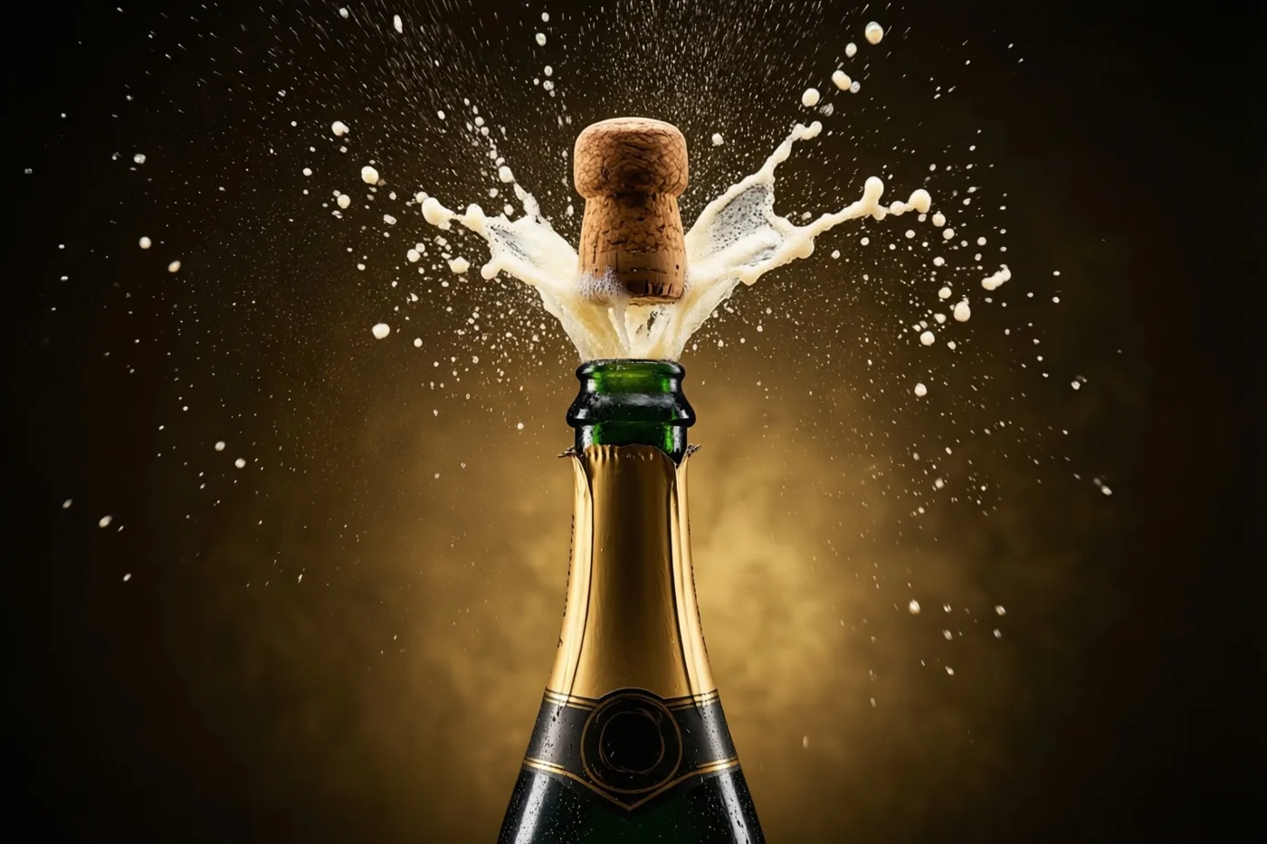 De kurk springt uit een groene champagnefles met goudfolie rond de hals, terwijl schuim en belletjes opspatten tegen een donkergouden achtergrond.