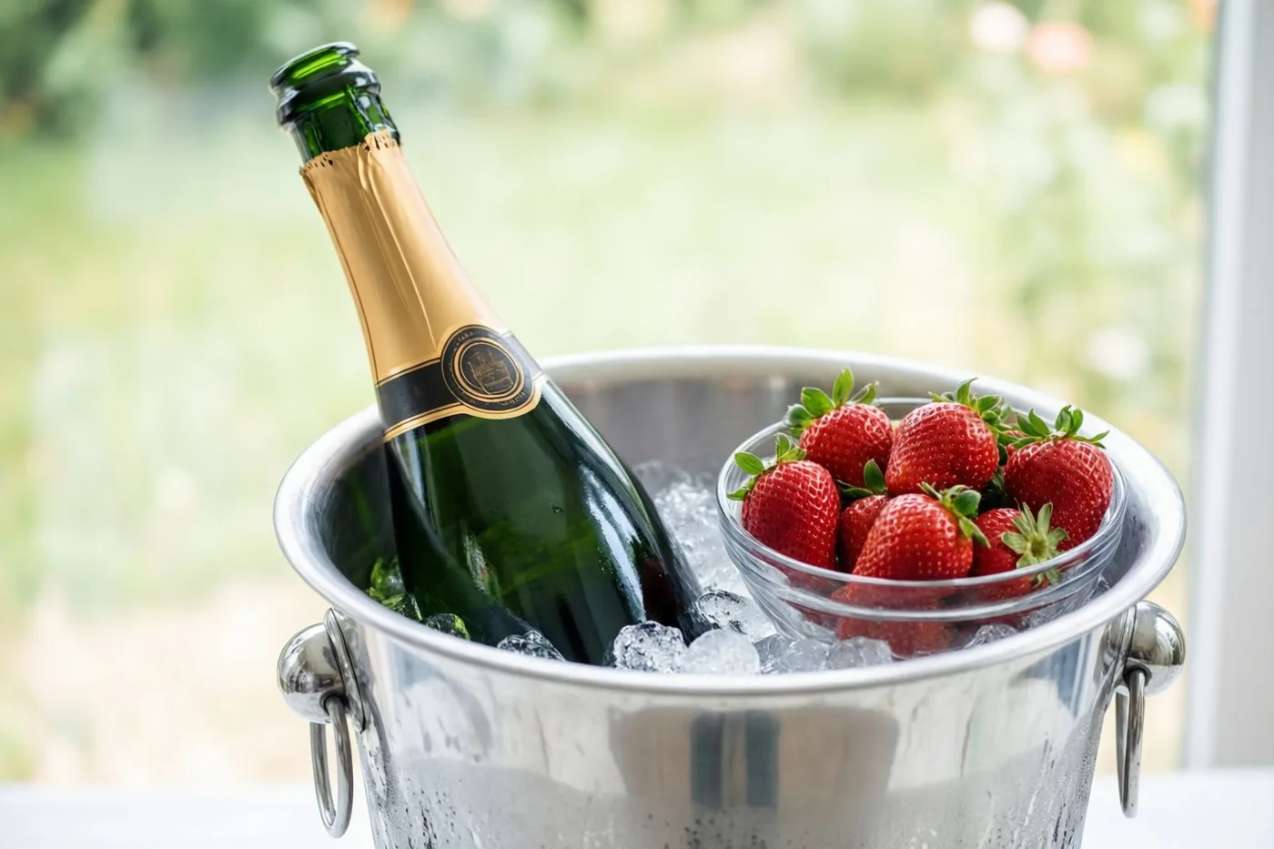 Een groene champagnefles met goudfolie om de hals staat in een zilveren ijsemmer naast een glazen kom rode aardbeien, met een heldere, onscherpe buitenachtergrond.