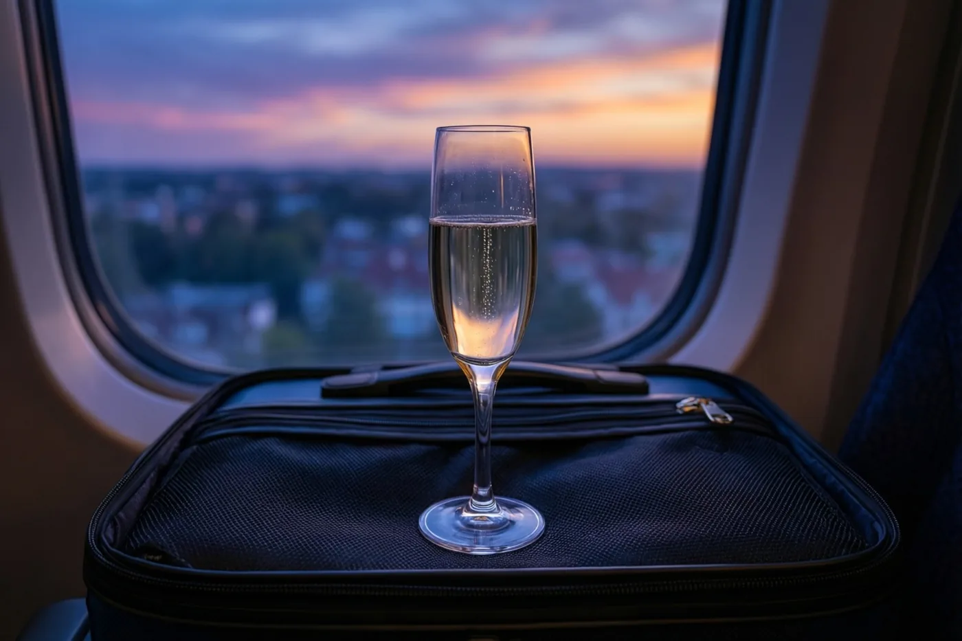 Een champagnefluit met een bruisende drank staat op een zwarte koffer bij een vliegtuigraam met uitzicht op een kleurrijke avondlucht.