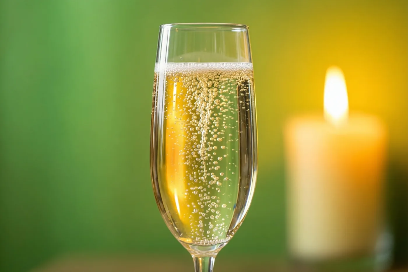 Een champagnefluit met opstijgende belletjes staat voor een wazige groene en gele achtergrond, met rechts een brandende kaars.