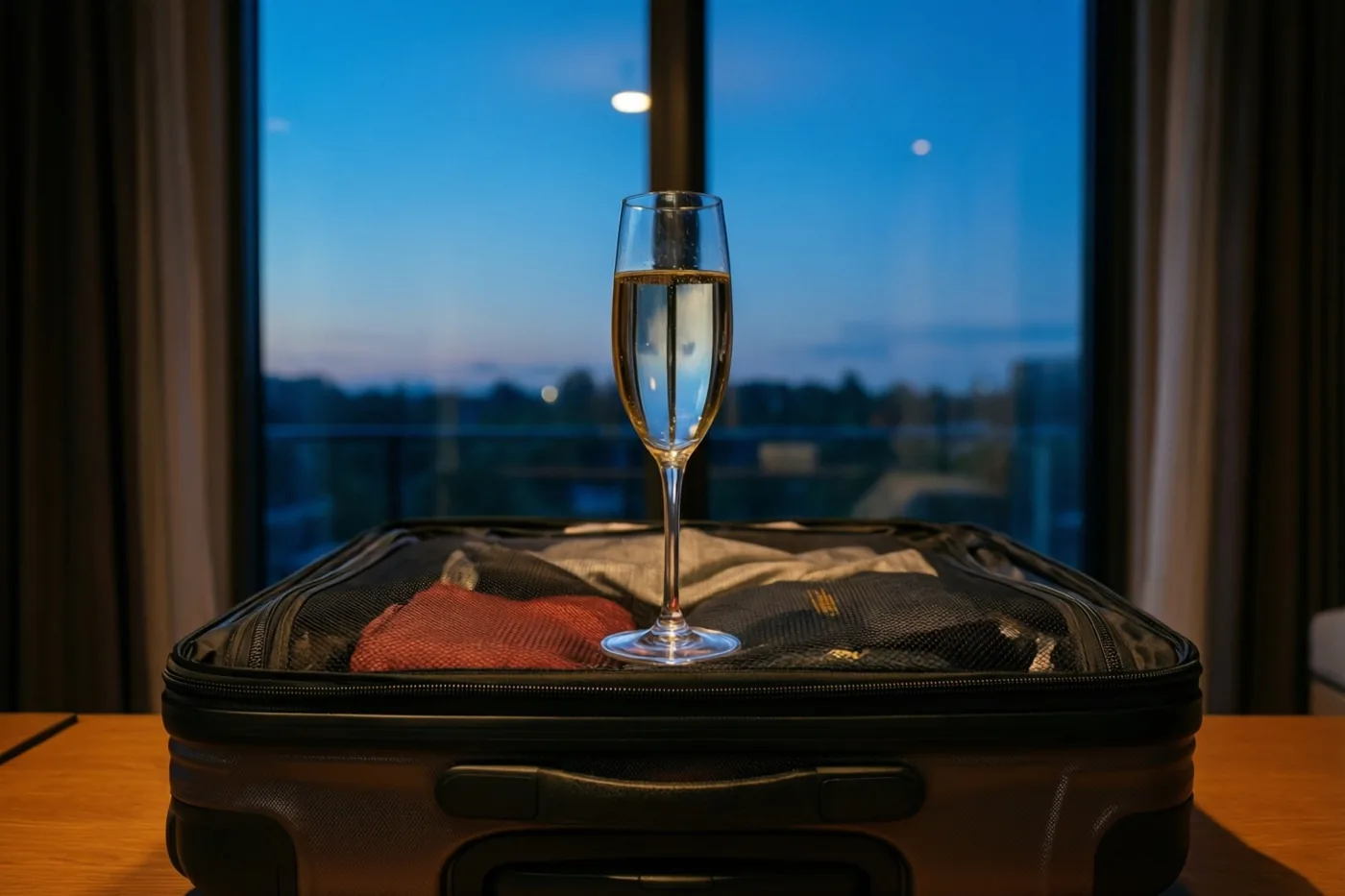 Een champagnefluit met bubbels staat op een open, ingepakte koffer op een houten oppervlak, voor een groot raam met een blauwe schemerlucht en verre stadslichten.