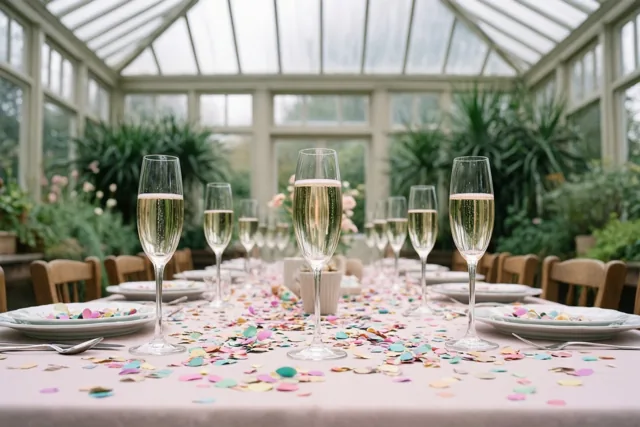 Een lange tafel met champagnefluiten en kleurrijke confetti staat in een veranda met zacht daglicht en groen achter het glazen dak en de wanden.