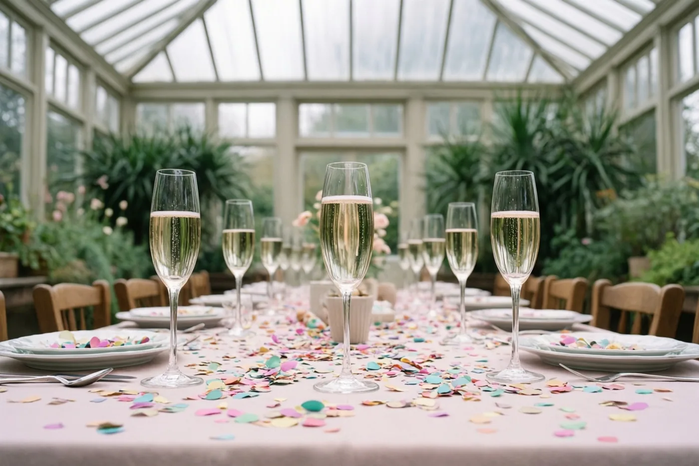 Een lange tafel met champagnefluiten en kleurrijke confetti staat in een veranda met zacht daglicht en groen achter het glazen dak en de wanden.