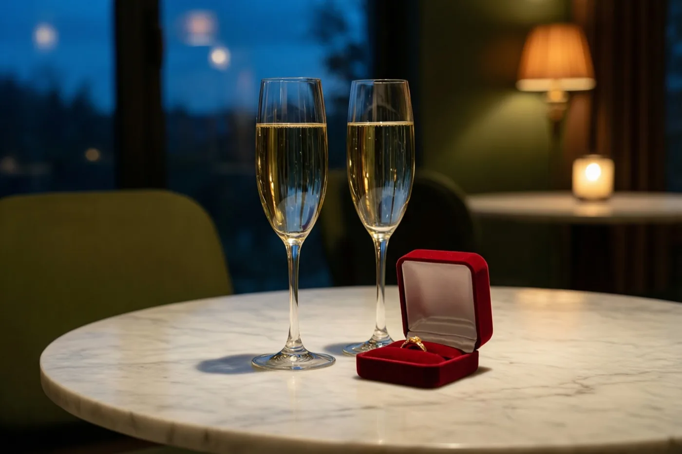 Twee champagnefluiten en een open rood fluwelen ringdoosje staan op een witmarmeren tafel in een schemerige kamer, met nachtzicht door een raam en een warm brandende lamp op de achtergrond.