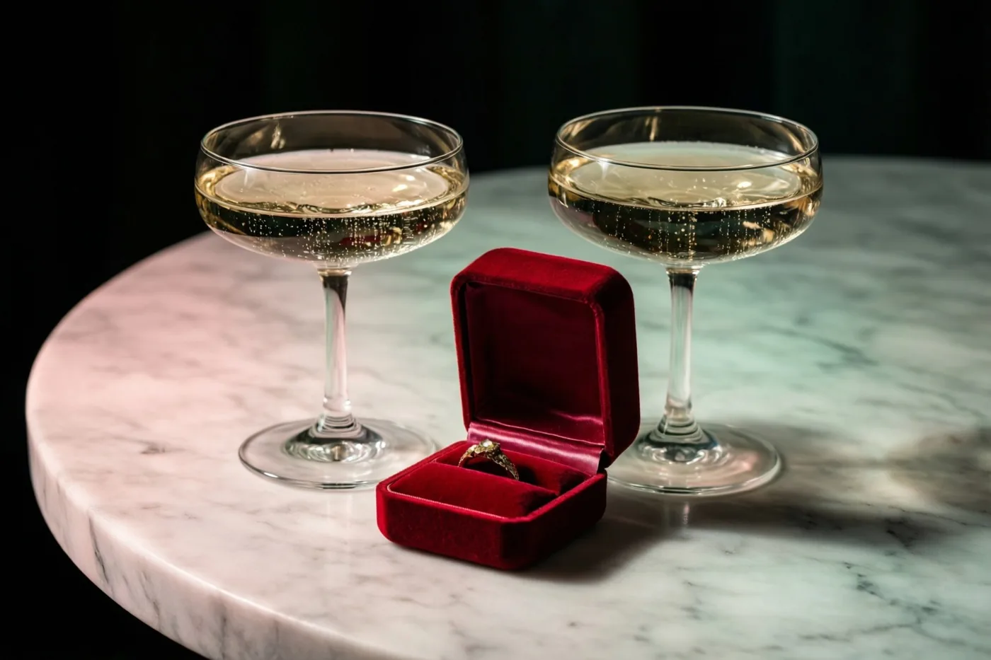 Twee champagnefluiten met bruisende vloeistof staan naast een open rood fluwelen ringdoosje op een witmarmeren tafel tegen een donkere achtergrond.