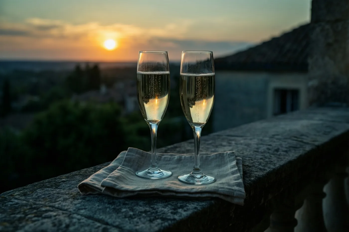 Twee champagnefluiten met mousserende wijn staan op een gevouwen linnen servet op een stenen balkonrand, met een stadje onder een oranje en blauwe zonsondergang op de achtergrond.