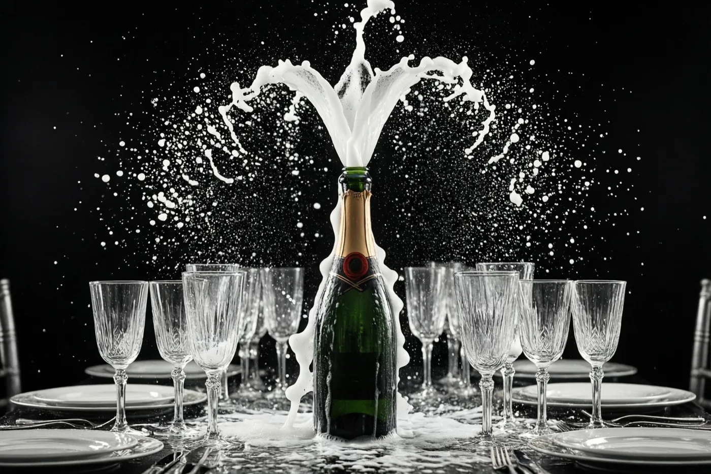 Op een zwart-witfoto spuit een schuimfontein uit een champagnefles op een tafel met kristallen glazen en borden tegen een zwarte achtergrond.