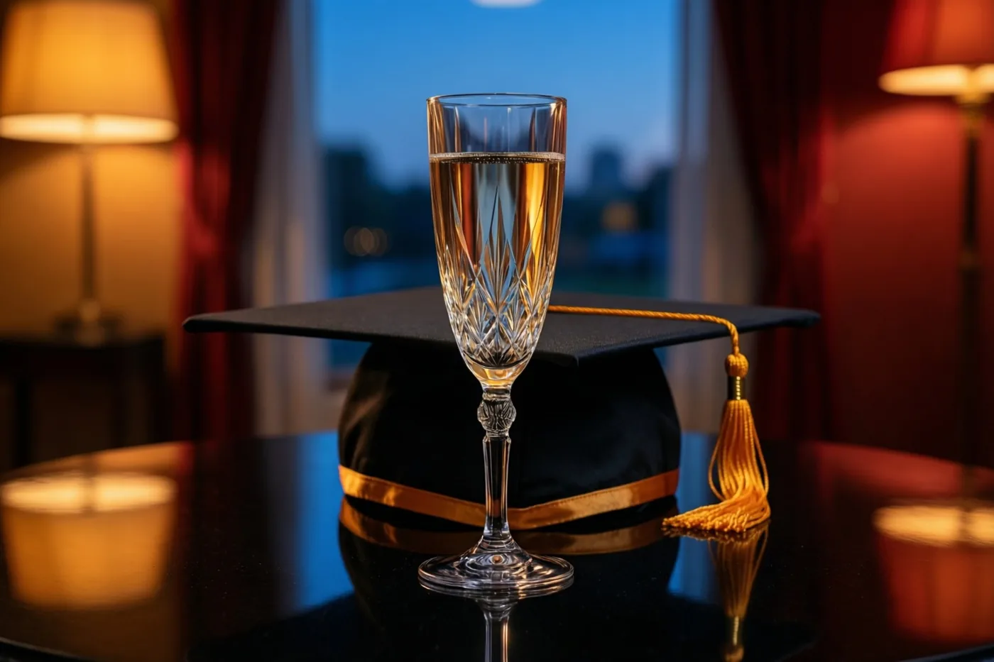 Een kristallen champagneglas met bruisende drank staat naast een afstudeerhoed met een gouden kwast op een zwartgelakte tafel, in warm licht bij een raam met zicht op de avondlucht.