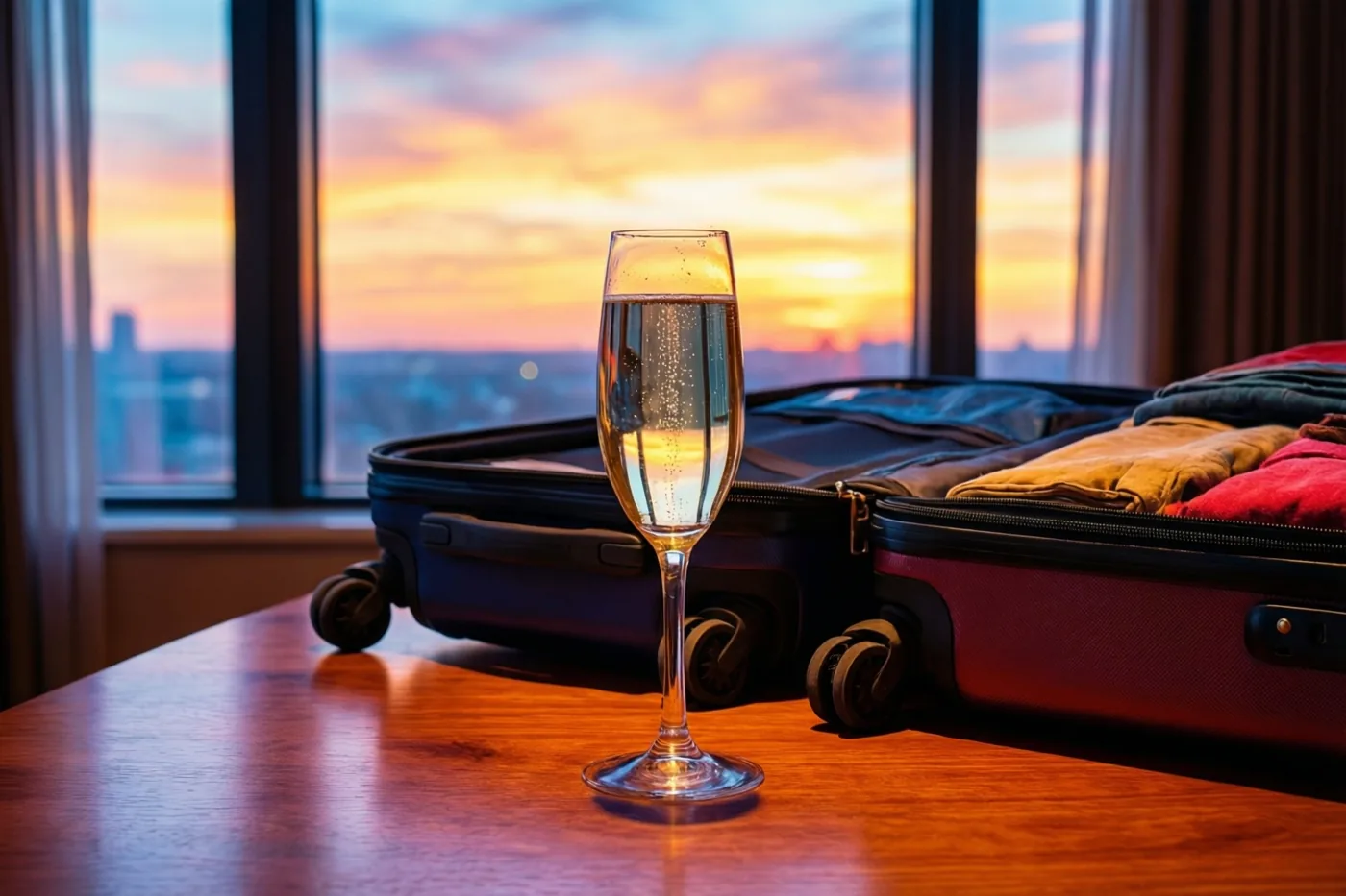 Een champagneglas met bruisende drank staat op een houten tafel voor een open koffer met kleren, bij een groot raam met een oranjeroze zonsondergang boven stadsgebouwen.
