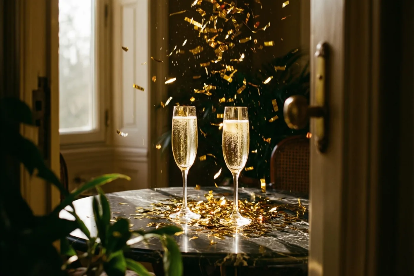 Twee champagneglazen met bruisende drank staan op een donkere marmeren tafel onder vallende gouden confetti, met warm licht en een raam op de achtergrond.