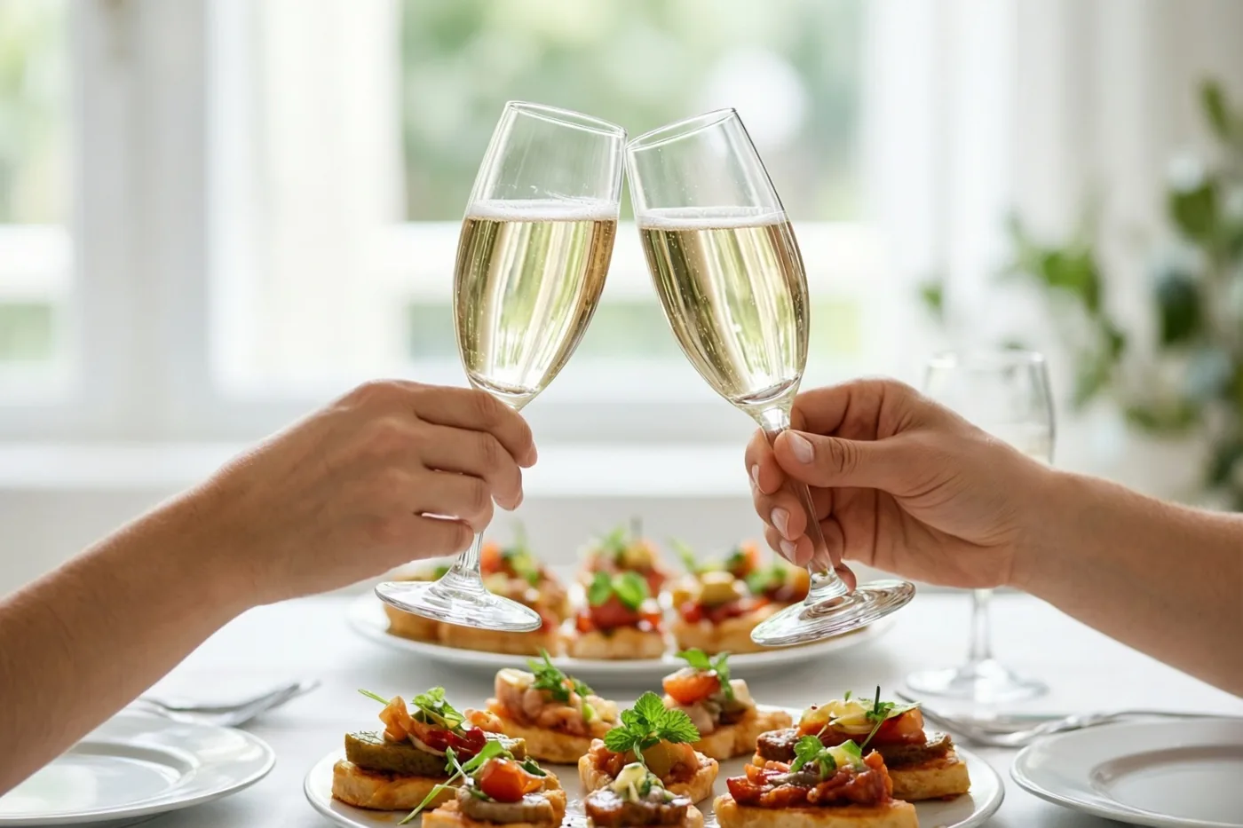 Twee handen klinken champagneglazen tegen elkaar boven een tafel met kleurrijke tapas in een lichte ruimte met een raam.