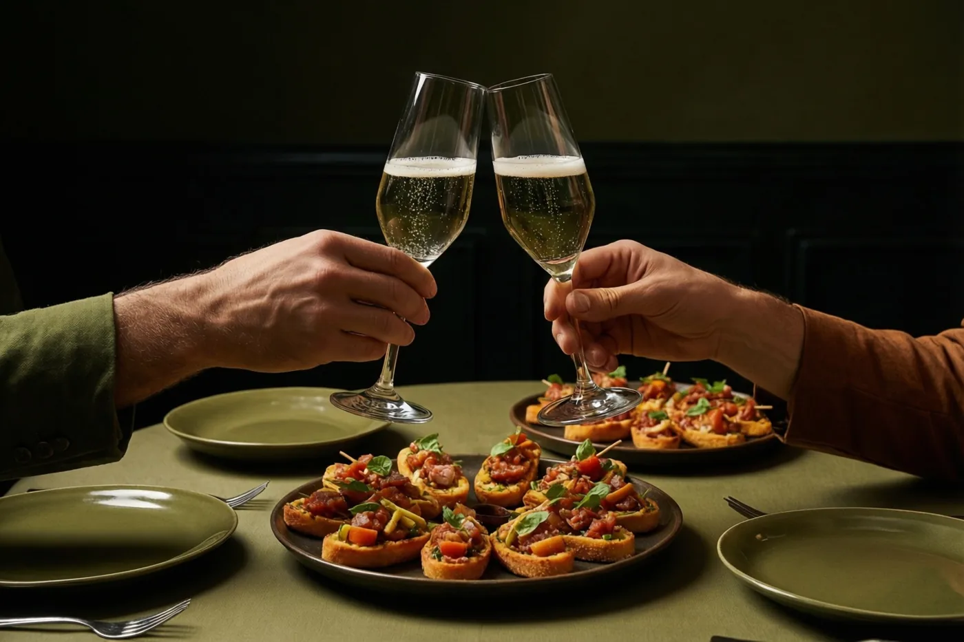 Twee handen klinken champagneglazen tegen elkaar boven een tafel vol tapas en groen servies in een schaars verlichte eetruimte.