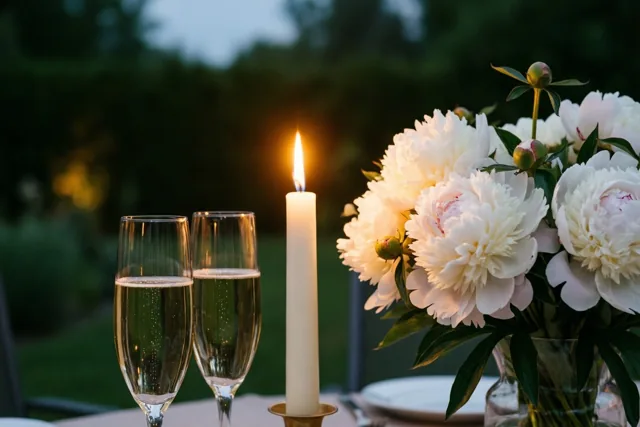Twee champagneglazen en een brandende kaars staan naast een boeket witte pioenen op een terrastafel bij schemering, met een zacht onscherpe groene achtergrond.
