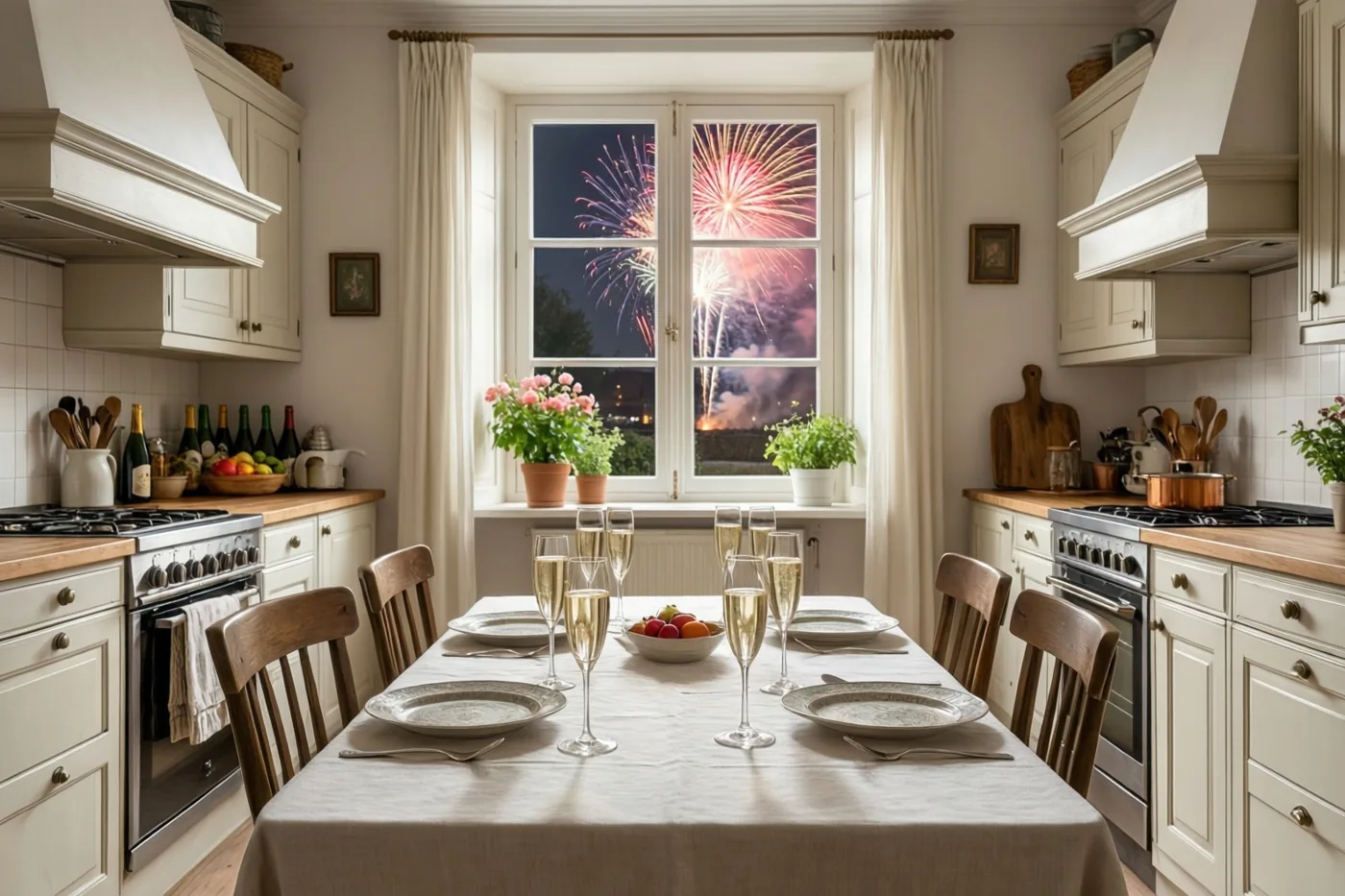 Een feestelijk gedekte tafel met champagneglazen staat in een warm verlichte Vlaamse keuken met witte kasten en houten accenten, terwijl door het raam vuurwerk te zien is.