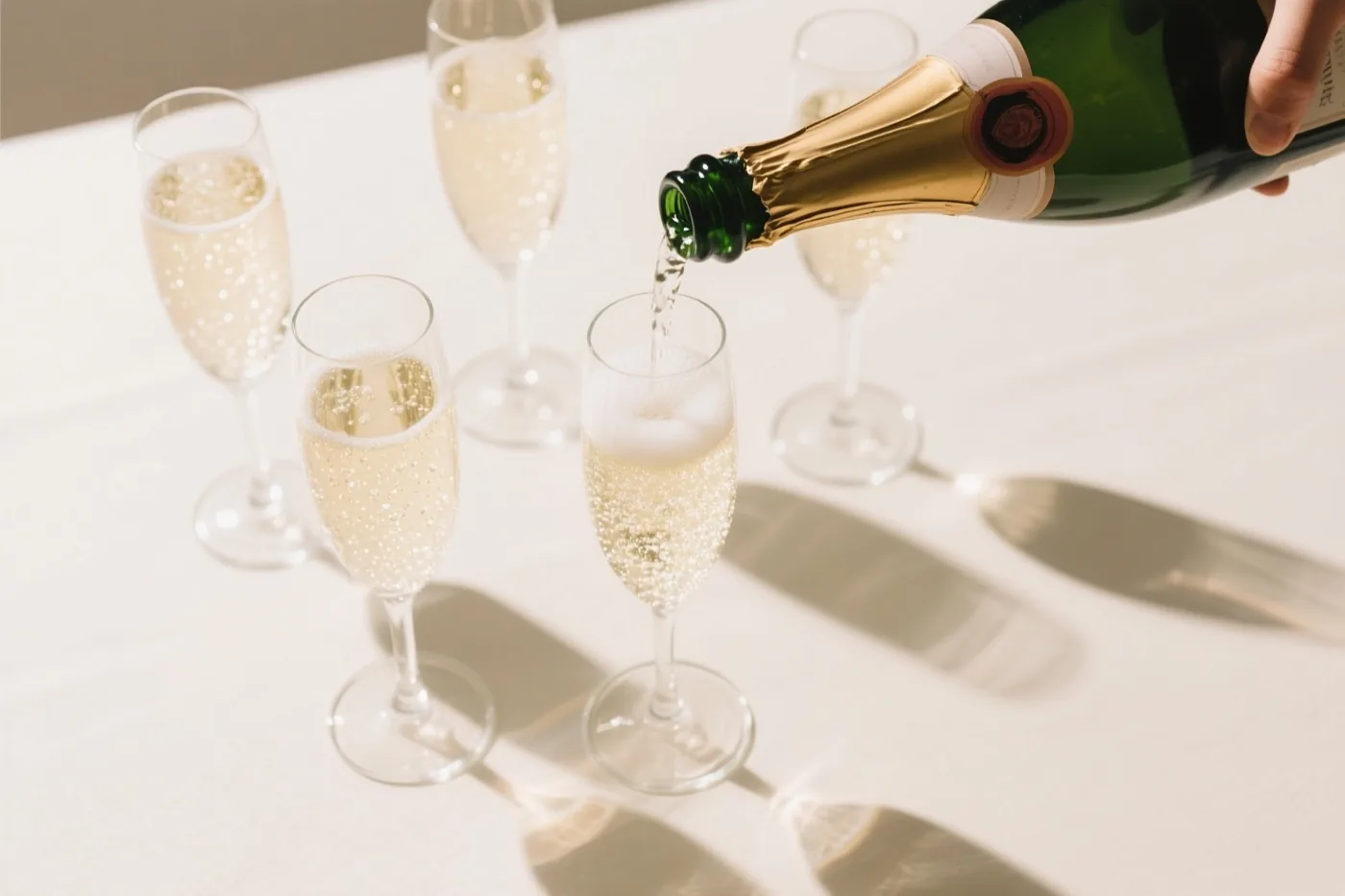 Een hand schenkt champagne uit een groene fles in een champagneglas, naast vier gevulde glazen op een witte tafel in warm zonlicht.