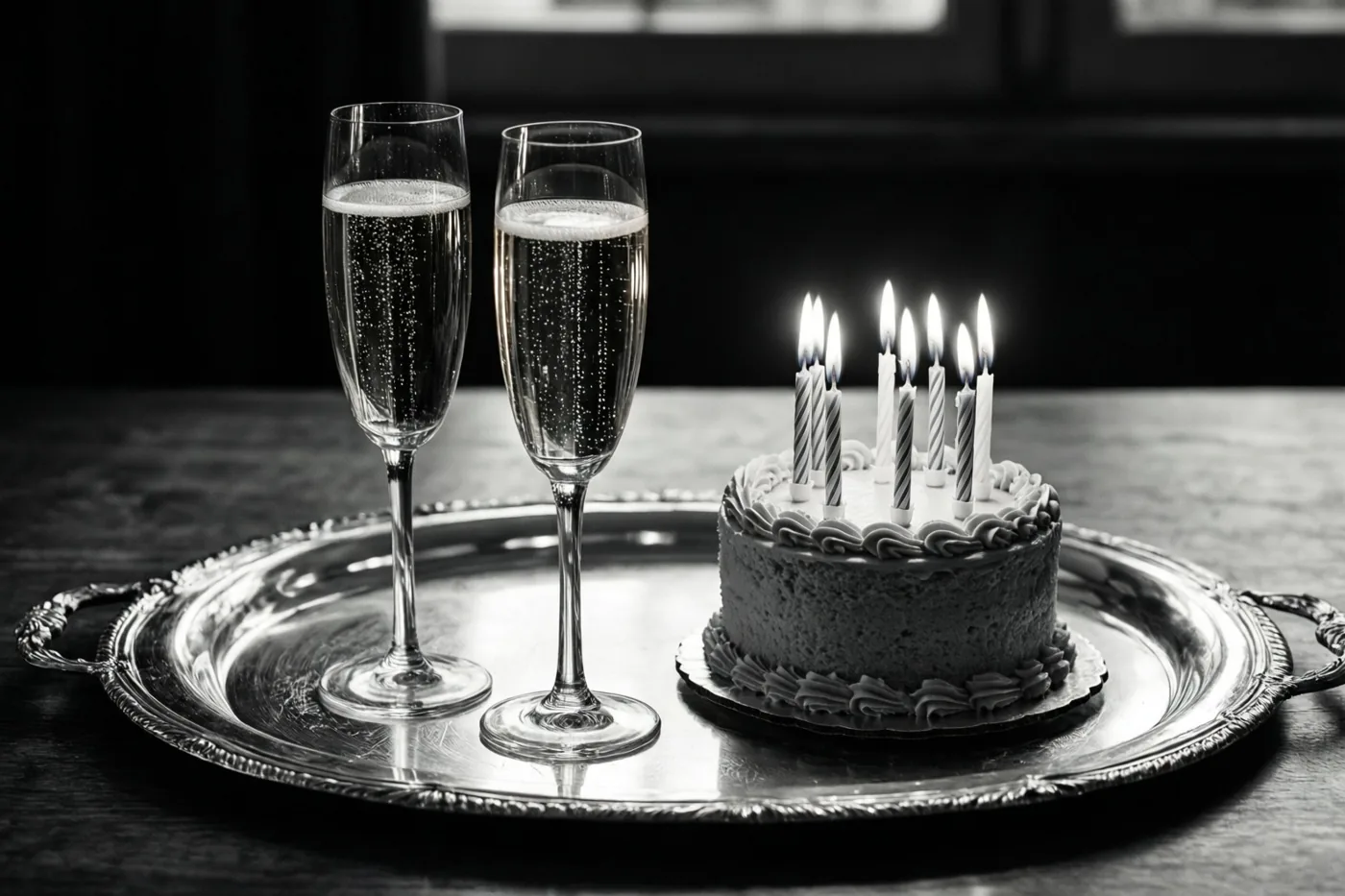 Een zwart-witfoto toont twee champagneglazen en een taartje met brandende kaarsjes op een sierlijk zilveren dienblad op een donkere houten tafel.