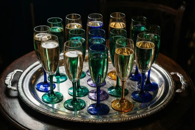 Een zilveren dienblad met champagneglazen op kleurrijke stelen, gevuld met een sprankelende drank, staat op een donkere houten tafel.