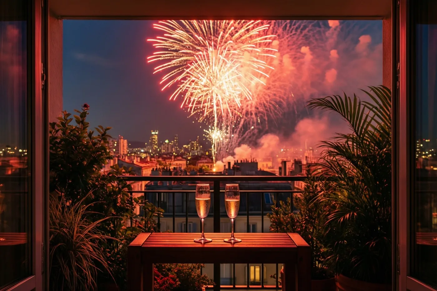 Twee champagneglazen staan op een houten balkontafel met uitzicht op een stad, verlicht door vuurwerk in warme rode en oranje tinten.