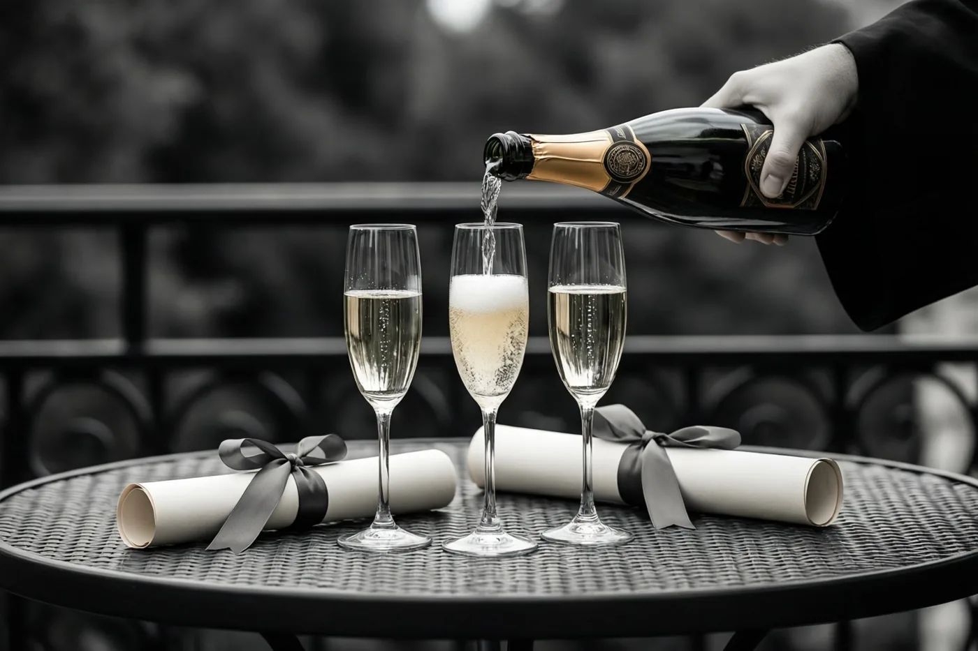 Een hand schenkt champagne in drie fluitglazen op een metalen terrastafel met gaasblad, naast twee opgerolde diploma's met linten.