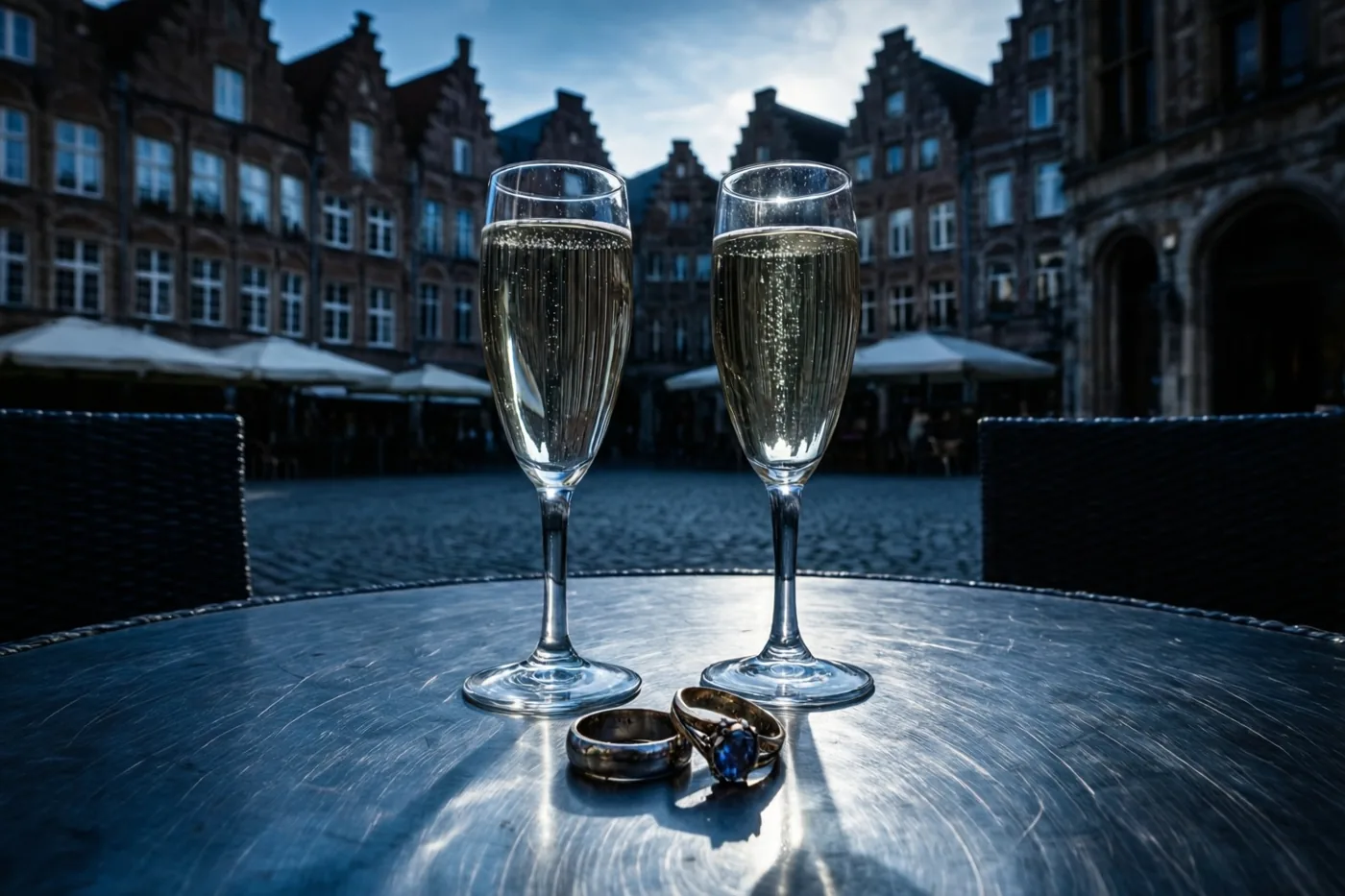 Op een metalen cafétafel staan twee champagneglazen en liggen twee trouwringen, op een gekasseid plein met historische trapgevels onder een schemerhemel.