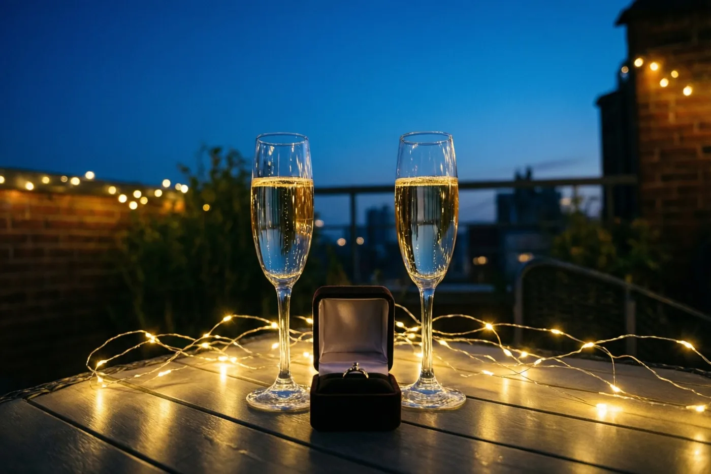 Twee champagneglazen en een open ringdoosje staan op een houten tafel op een dakterras, omringd door gele lichtslingers onder een diepblauwe avondhemel.