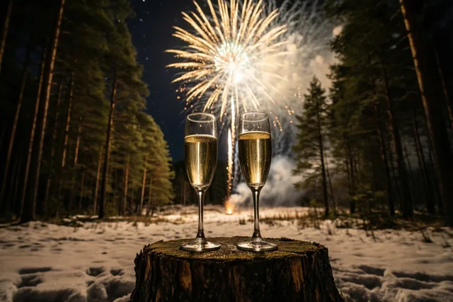 Twee champagneglazen met een bruisende drank staan op een bemoste boomstronk in een besneeuwd bos, terwijl vuurwerk gouden licht verspreidt onder een donkerblauwe nachthemel.