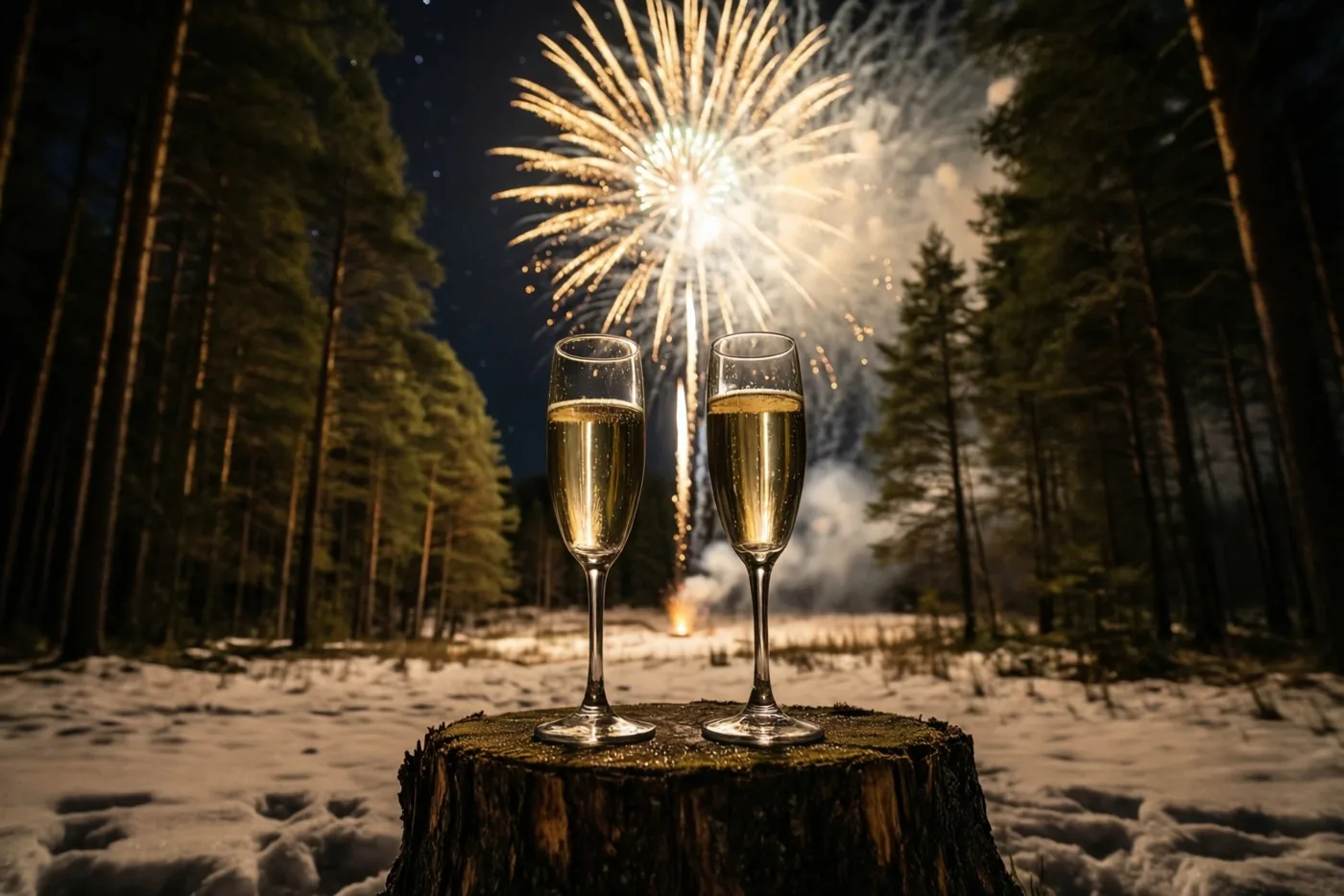 Twee champagneglazen met een bruisende drank staan op een bemoste boomstronk in een besneeuwd bos, terwijl vuurwerk gouden licht verspreidt onder een donkerblauwe nachthemel.