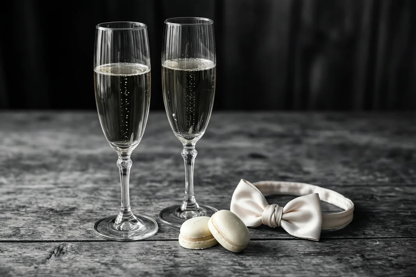 Twee champagneglazen met mousserende wijn staan op een donkere houten tafel bij twee witte chocolademacarons en een klein crèmekleurig zijden babyhaarbandje tegen een donkere achtergrond met structuur.