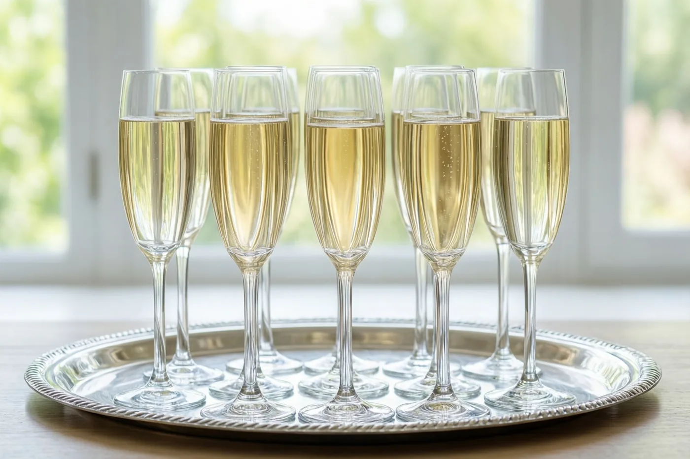 Een zilveren dienblad met champagneglazen vol goudkleurige bubbels staat op hout, met een helder raam en onscherp groen op de achtergrond.
