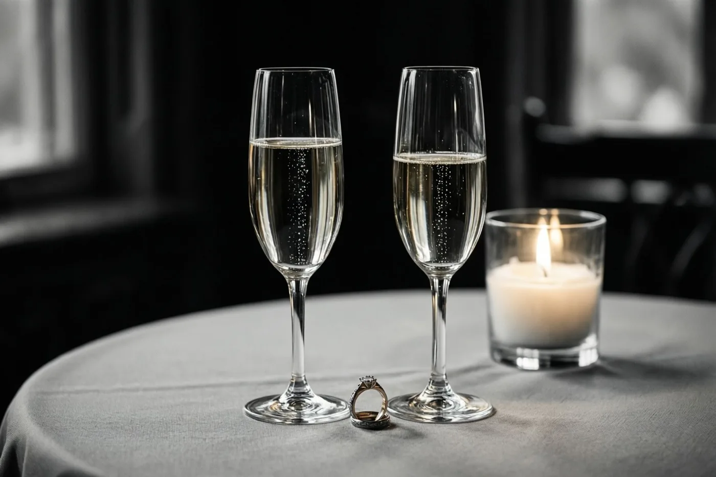Twee champagneglazen met een bruisende drank staan op een grijs tafelkleed met een diamanten verlovingsring ertussen en rechts een brandende kaars in een glazen houder.