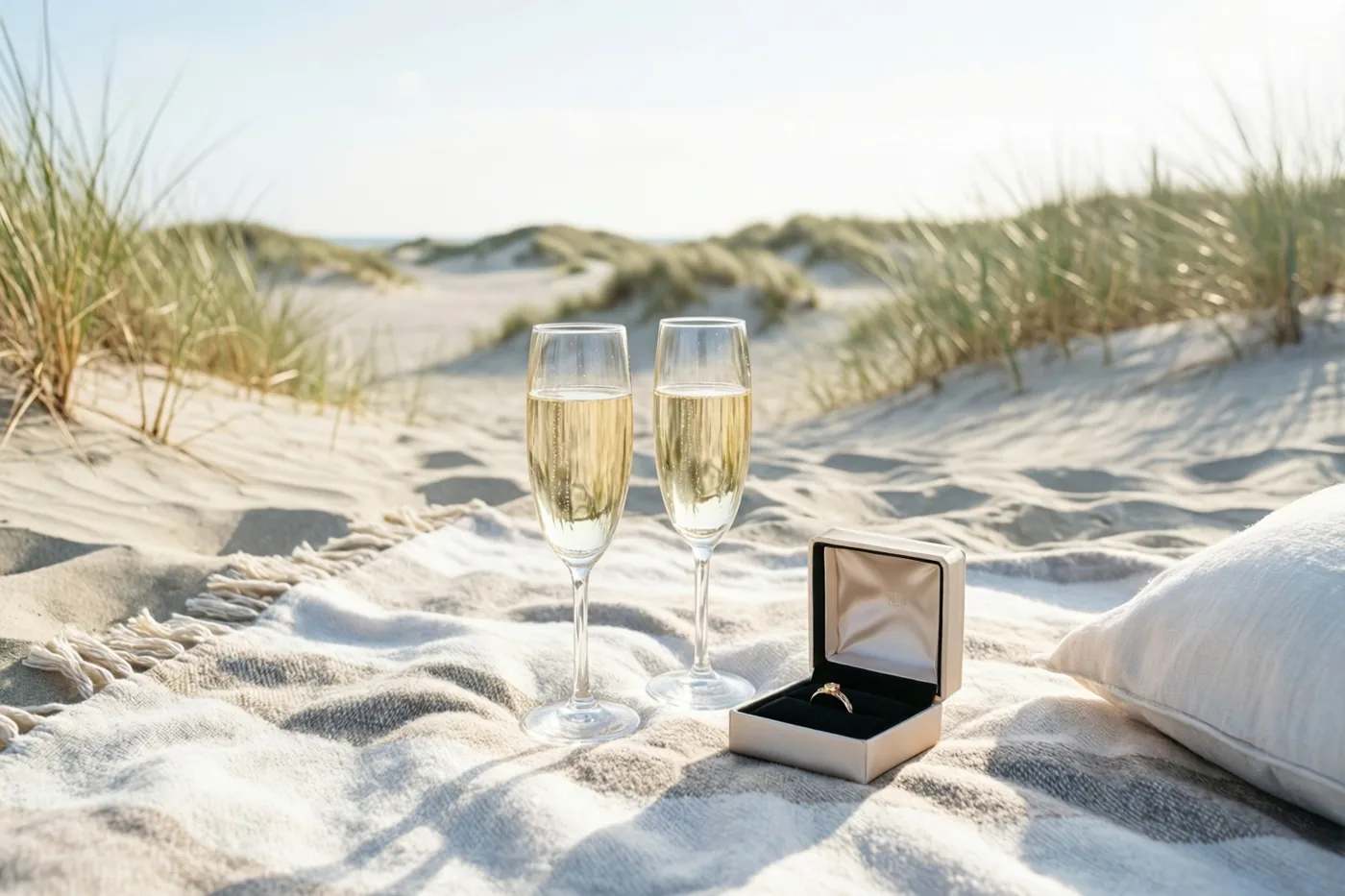 Twee champagneglazen en een open ringdoosje staan op een deken op een zandduin in warm zonlicht en zachte natuurlijke tinten.