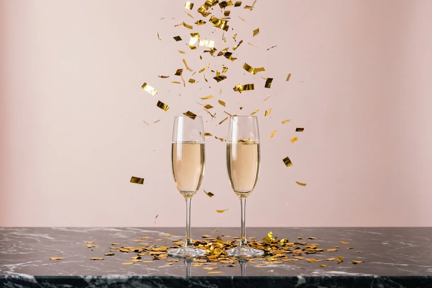 Twee champagneglazen met bruisende drank staan op een donkere marmeren tafel met vallende gouden confetti tegen een zachtroze achtergrond.