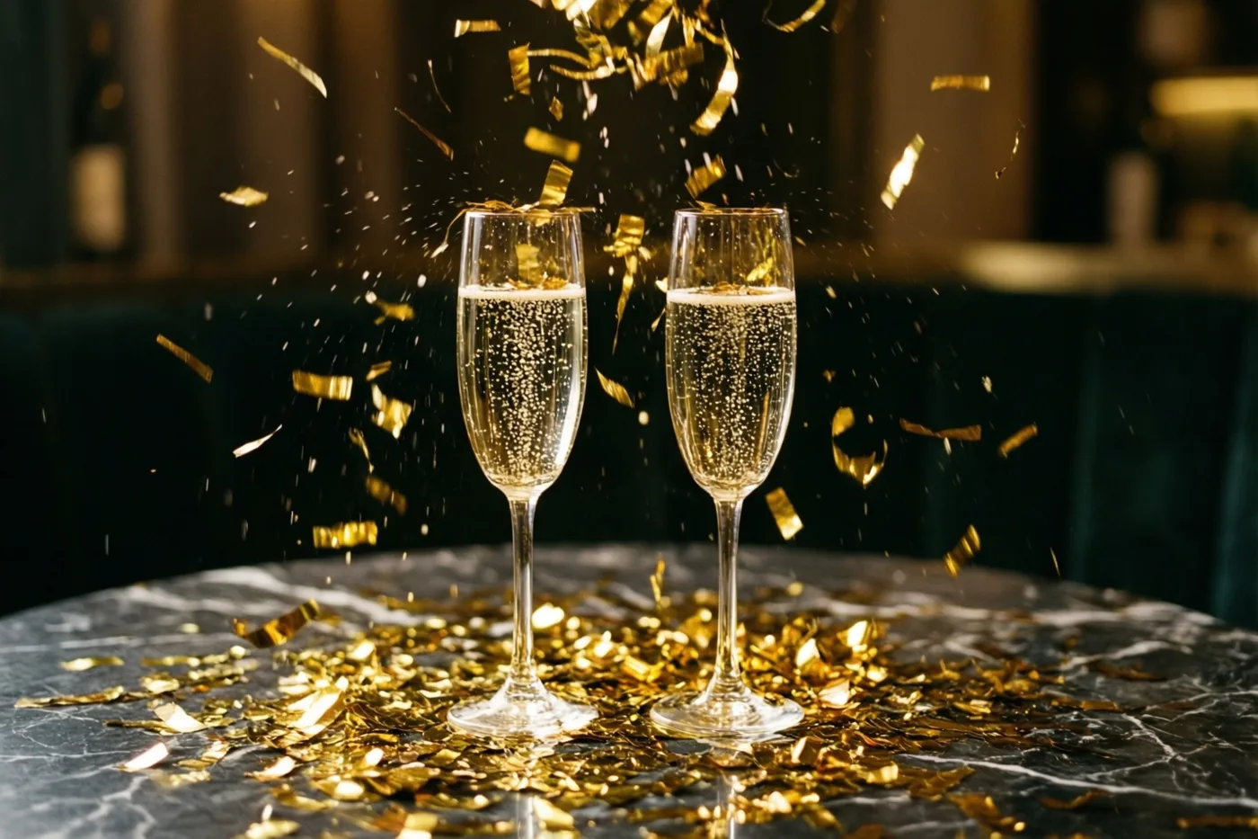 Twee champagneglazen met bruisende drank staan op een donkere marmeren tafel tussen vallende en verspreide gouden confetti tegen een donkere, onscherpe achtergrond.