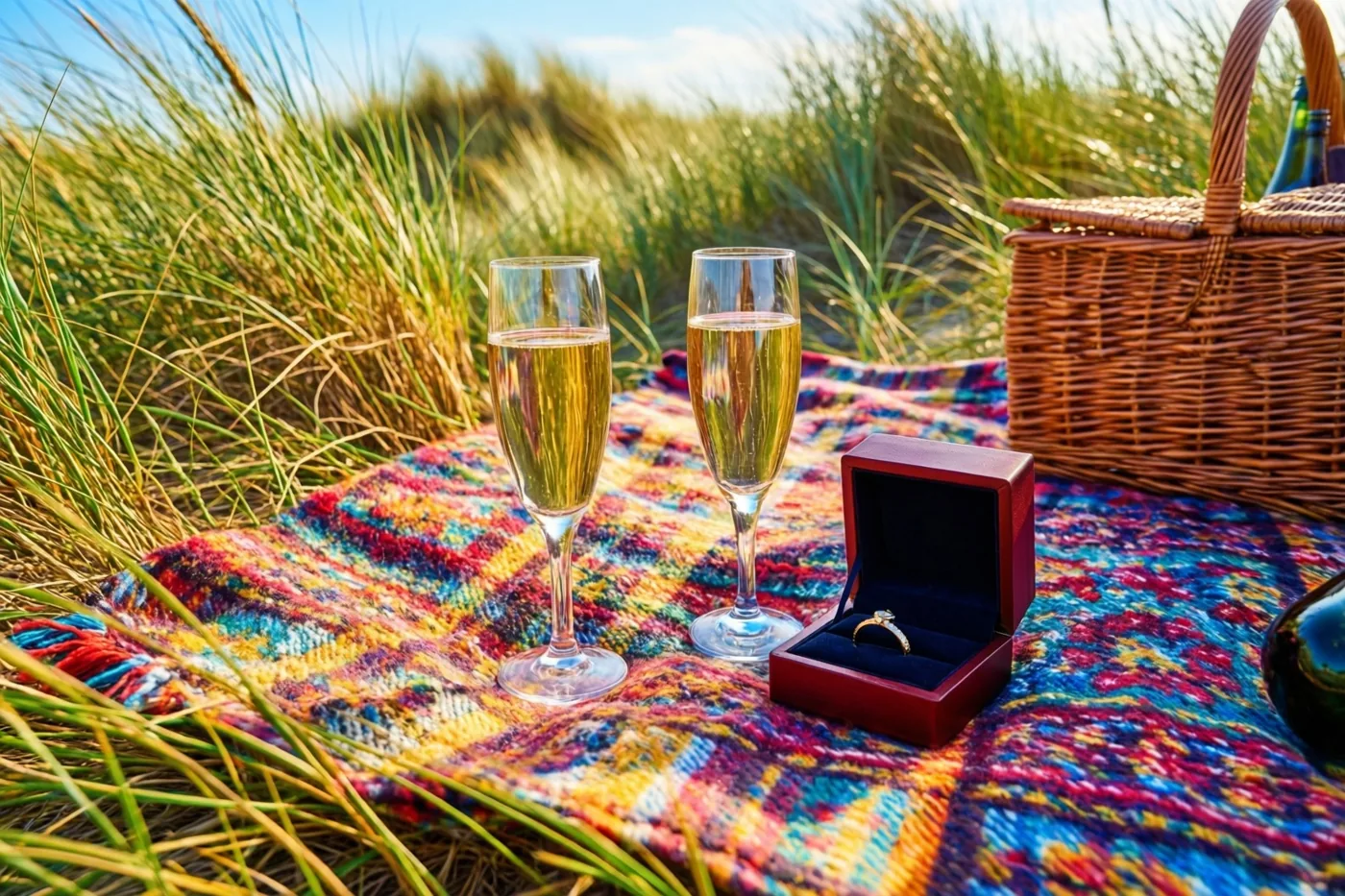 Twee champagneglazen en een open rood ringdoosje staan op een kleurrijk deken met een patroon tussen het duingras in warm zonlicht.
