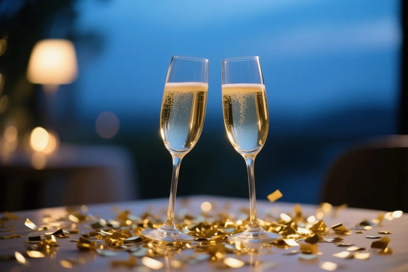 Twee champagneglazen met mousserende wijn staan op een tafel met gouden confetti voor een onscherpe blauwe avondachtergrond met warme lichtjes.