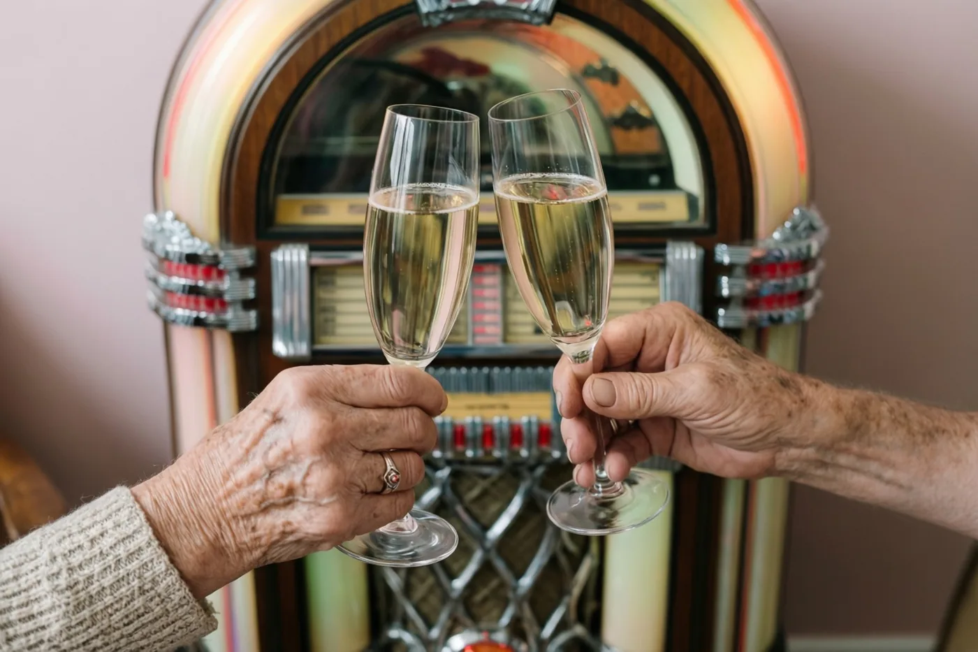 Twee oudere handen klinken met champagnefluiten voor een oude jukebox in warm licht, met een zachtroze muur op de achtergrond.
