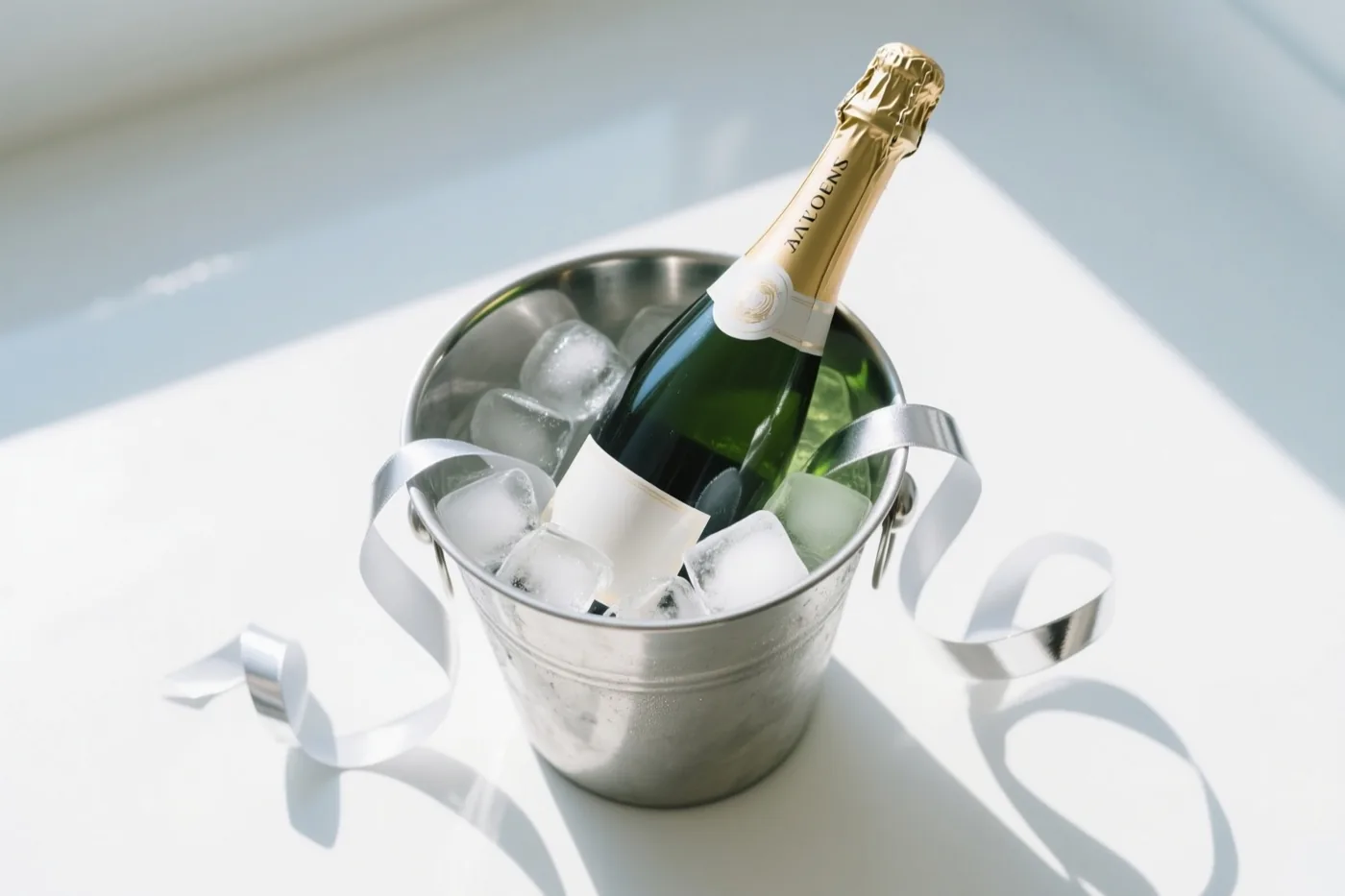 Een champagnefles met gouden folie staat in een zilveren ijsemmer met ijsblokjes en zilveren linten op een witte ondergrond in fel zonlicht.