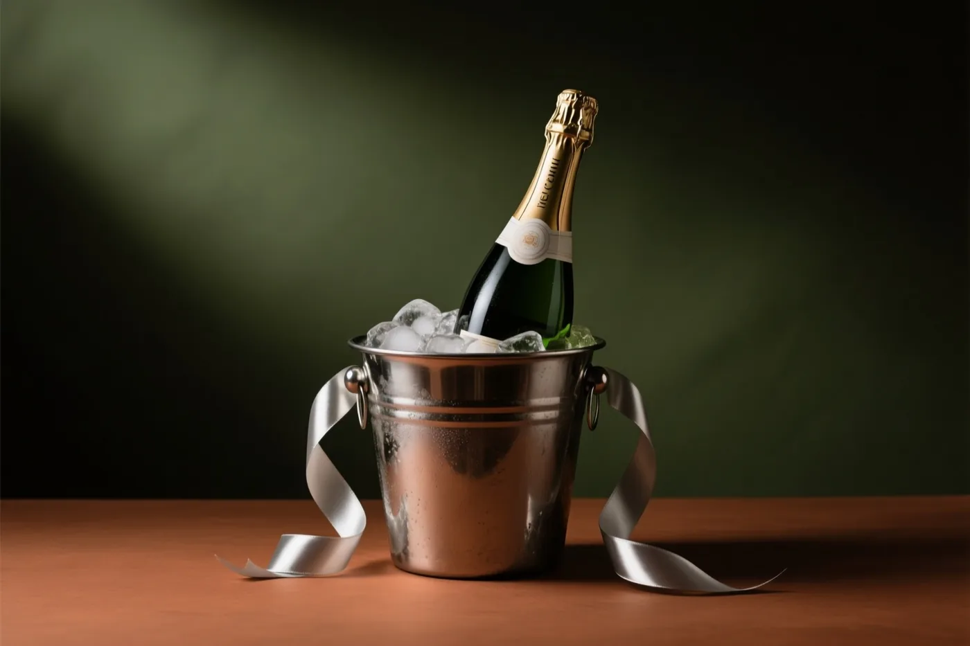 Een champagnefles staat in een metalen ijsemmer met ijsblokjes en zilveren linten op een houten ondergrond voor een donkergroene achtergrond.