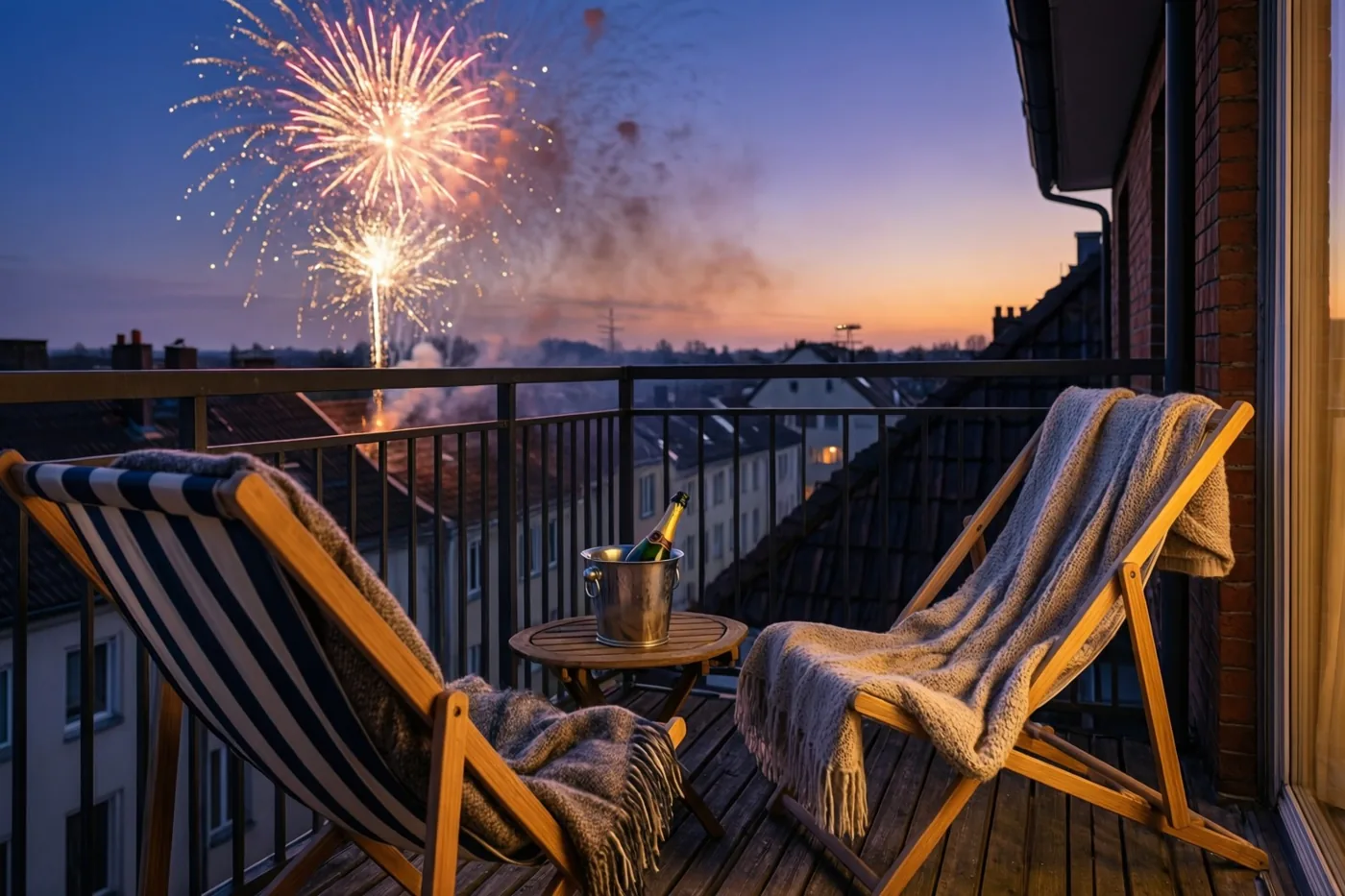Twee houten ligstoelen met wollen dekens staan op een balkon naast een tafeltje met champagnekoeler, terwijl vuurwerk in de schemerlucht boven de stadsdaken verschijnt.