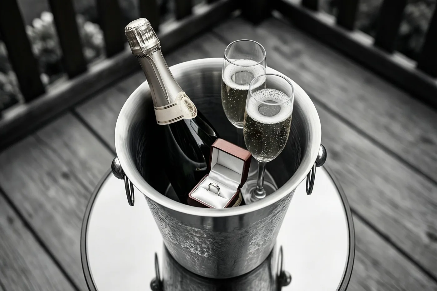 Een zilveren champagnekoeler met een fles champagne, twee gevulde glazen en een open ringdoosje met een ring staat op een tafel met glazen blad op een houten terras met een donkere reling.